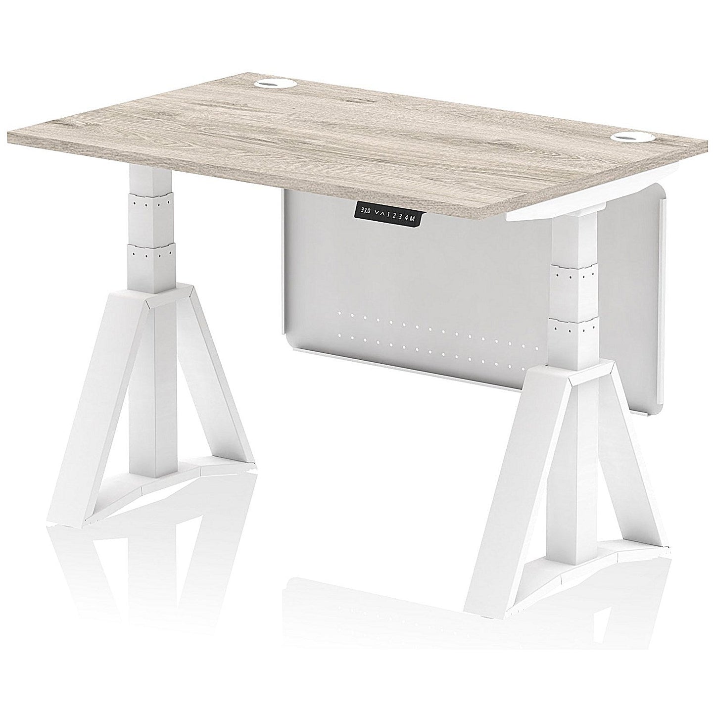 Air Modesty 1200mm Height Adjustable Cable Port Desk, White Leg with Piste Foot and Modesty Panel, Grey Oak Easy2Order : HA03546
