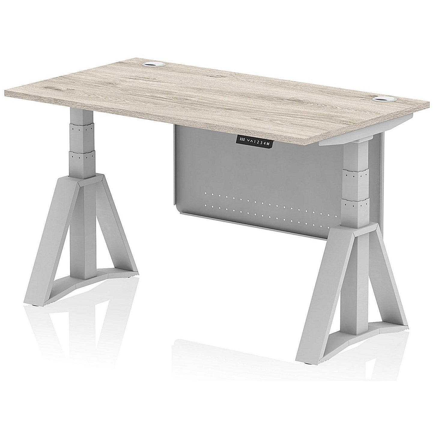 Air Modesty 1400mm Height Adjustable Cable Port Desk, Silver Leg with Piste Foot and Modesty Panel, Grey Oak Easy2Order : HA03547