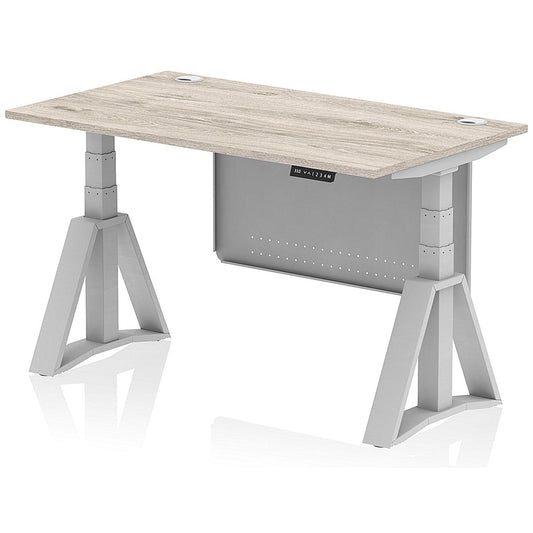 Air Modesty 1400mm Height Adjustable Cable Port Desk, Silver Leg with Piste Foot and Modesty Panel, Grey Oak Easy2Order : HA03547