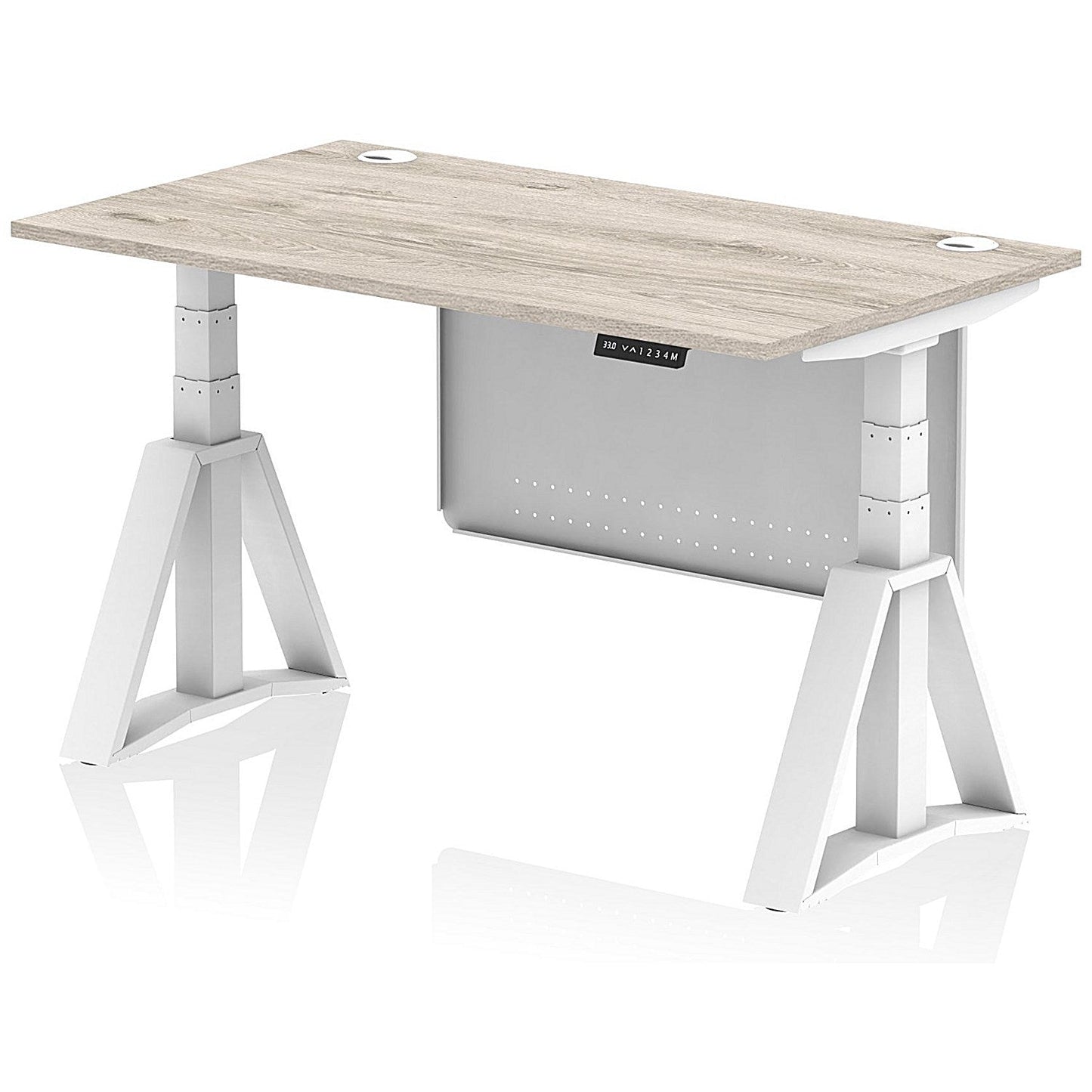 Air Modesty 1400mm Height Adjustable Cable Port Desk, White Leg with Piste Foot and Modesty Panel, Grey Oak Easy2Order : HA03548