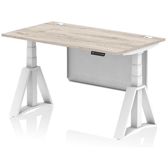 Air Modesty 1400mm Height Adjustable Cable Port Desk, White Leg with Piste Foot and Modesty Panel, Grey Oak Easy2Order : HA03548