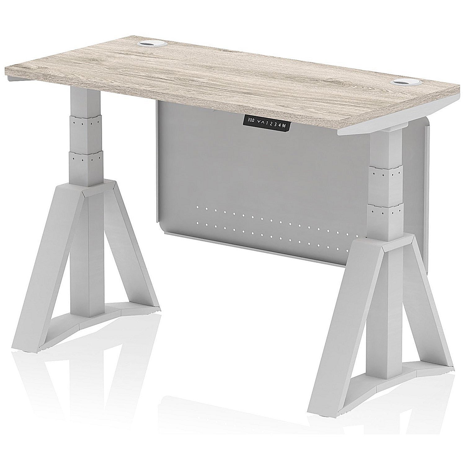 Air Modesty 1200mm Slim Height Adjustable Cable Ports Desk, Silver Leg and Modesty Panel, Grey Oak Easy2Order : HA03553