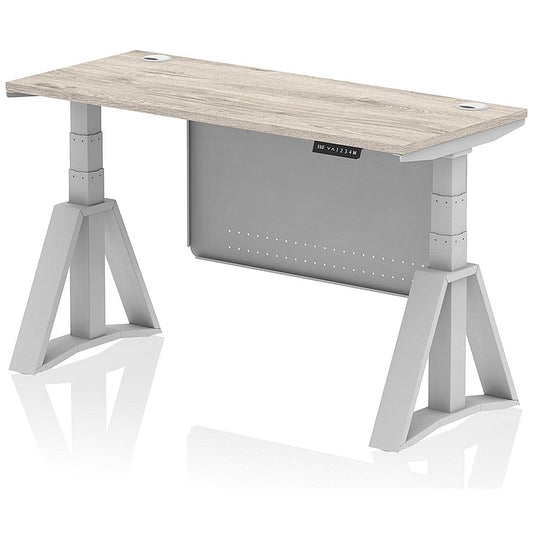 Air Modesty 1400mm Slim Height Adjustable Cable Ports Desk, Silver Leg and Modesty Panel, Grey Oak Easy2Order : HA03554