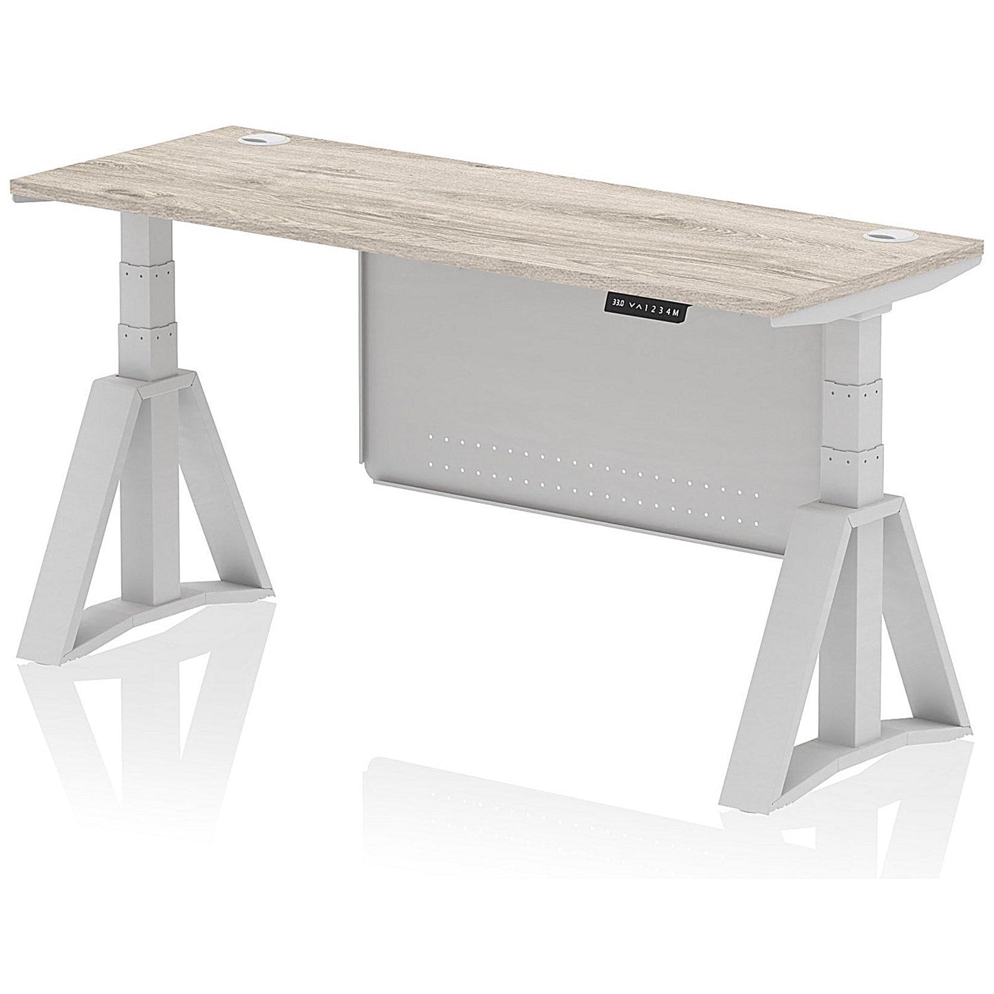 Air Modesty 1600mm Slim Height Adjustable Cable Ports Desk, Silver Leg and Modesty Panel, Grey Oak Easy2Order : HA03555