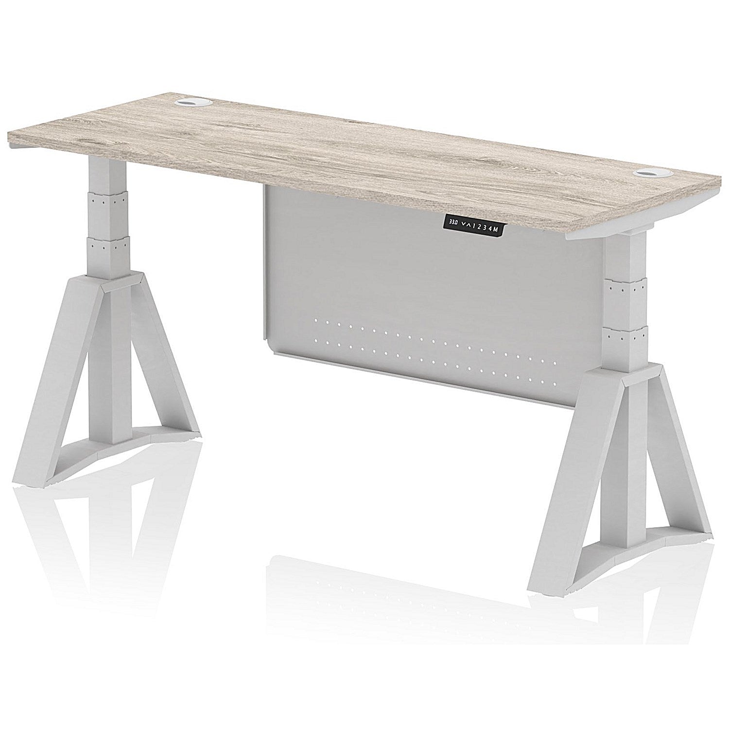 Air Modesty 1600mm Slim Height Adjustable Cable Ports Desk, Silver Leg and Modesty Panel, Grey Oak Easy2Order : HA03555