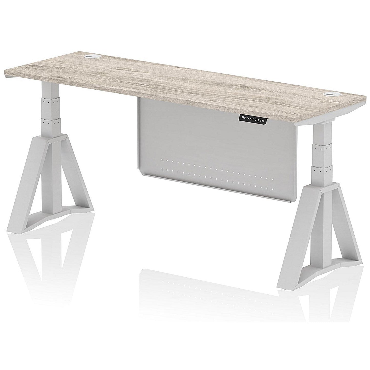 Air Modesty 1800mm Slim Height Adjustable Cable Ports Desk, Silver Leg and Modesty Panel, Grey Oak Easy2Order : HA03556