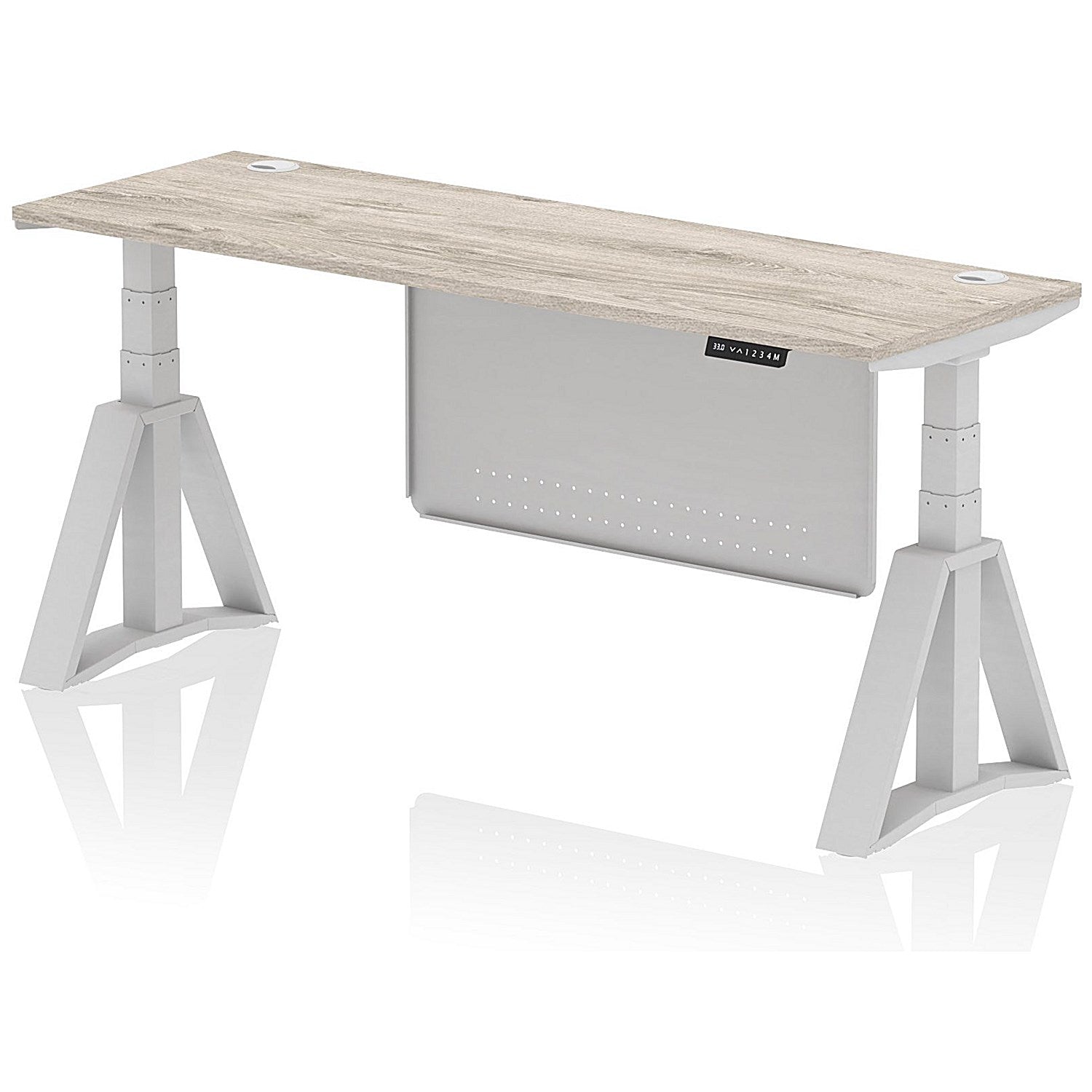 Air Modesty 1800mm Slim Height Adjustable Cable Ports Desk, Silver Leg and Modesty Panel, Grey Oak Easy2Order : HA03556