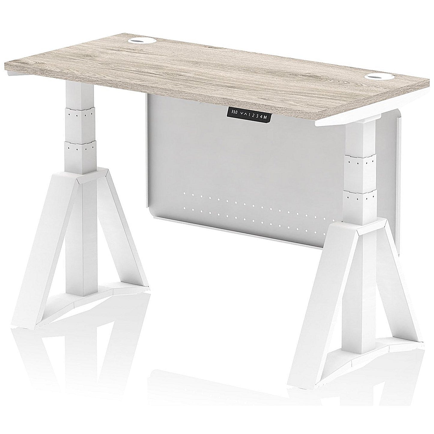 Air Modesty 1200mm Slim Height Adjustable Cable Ports Desk, White Leg and Modesty Panel, Grey Oak Easy2Order : HA03557