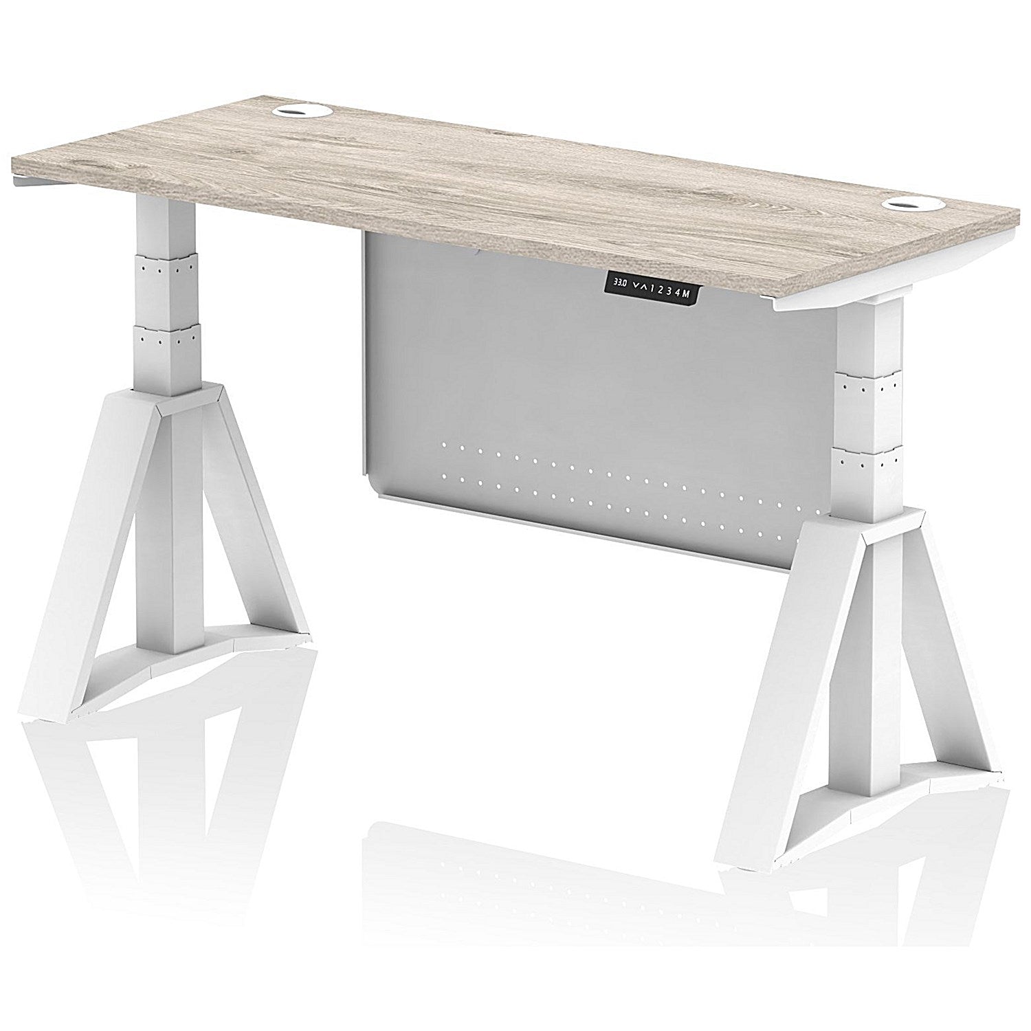 Air Modesty 1400mm Slim Height Adjustable Cable Ports Desk, White Leg and Modesty Panel, Grey Oak Easy2Order : HA03558