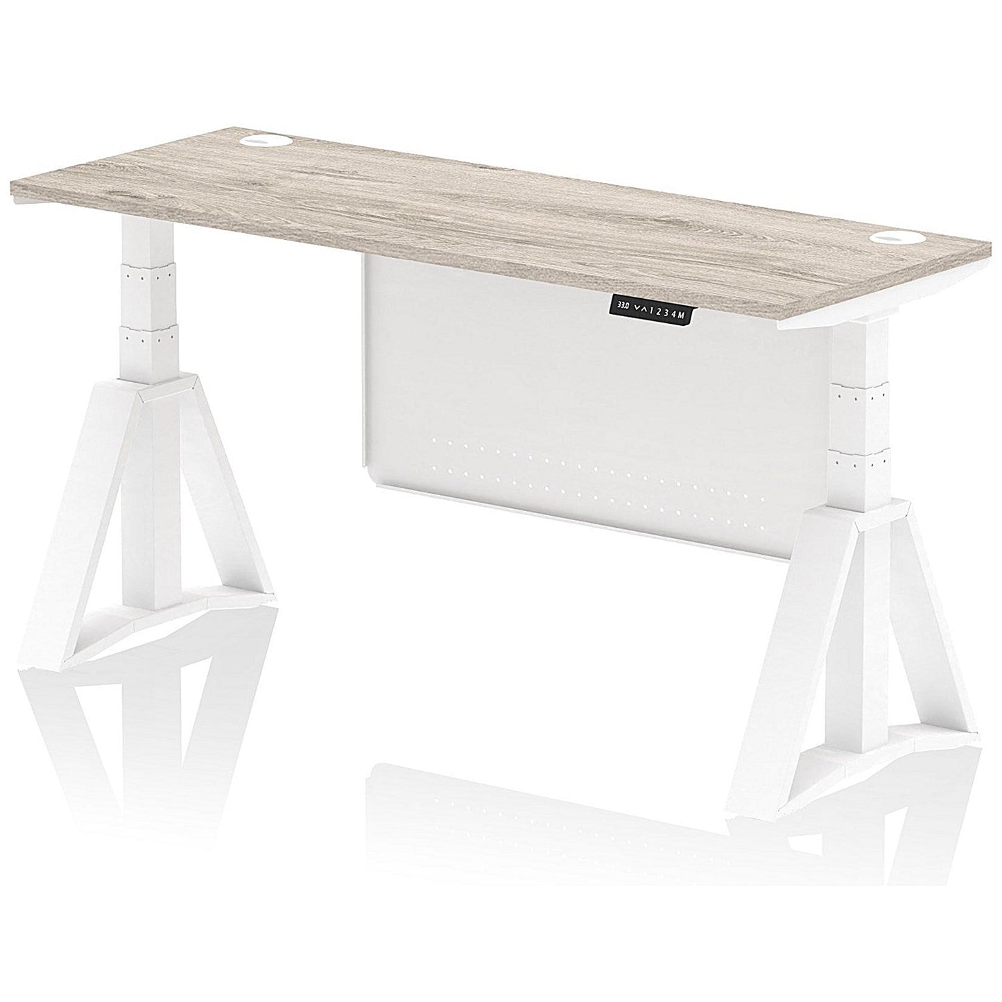 Air Modesty 1600mm Slim Height Adjustable Cable Ports Desk, White Leg and Modesty Panel, Grey Oak Easy2Order : HA03559