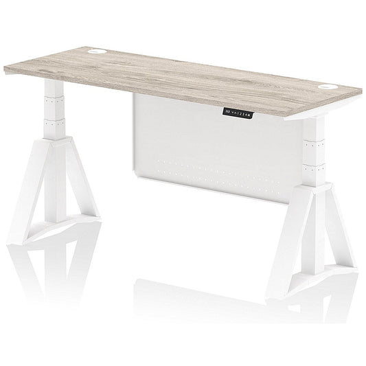Air Modesty 1600mm Slim Height Adjustable Cable Ports Desk, White Leg and Modesty Panel, Grey Oak Easy2Order : HA03559