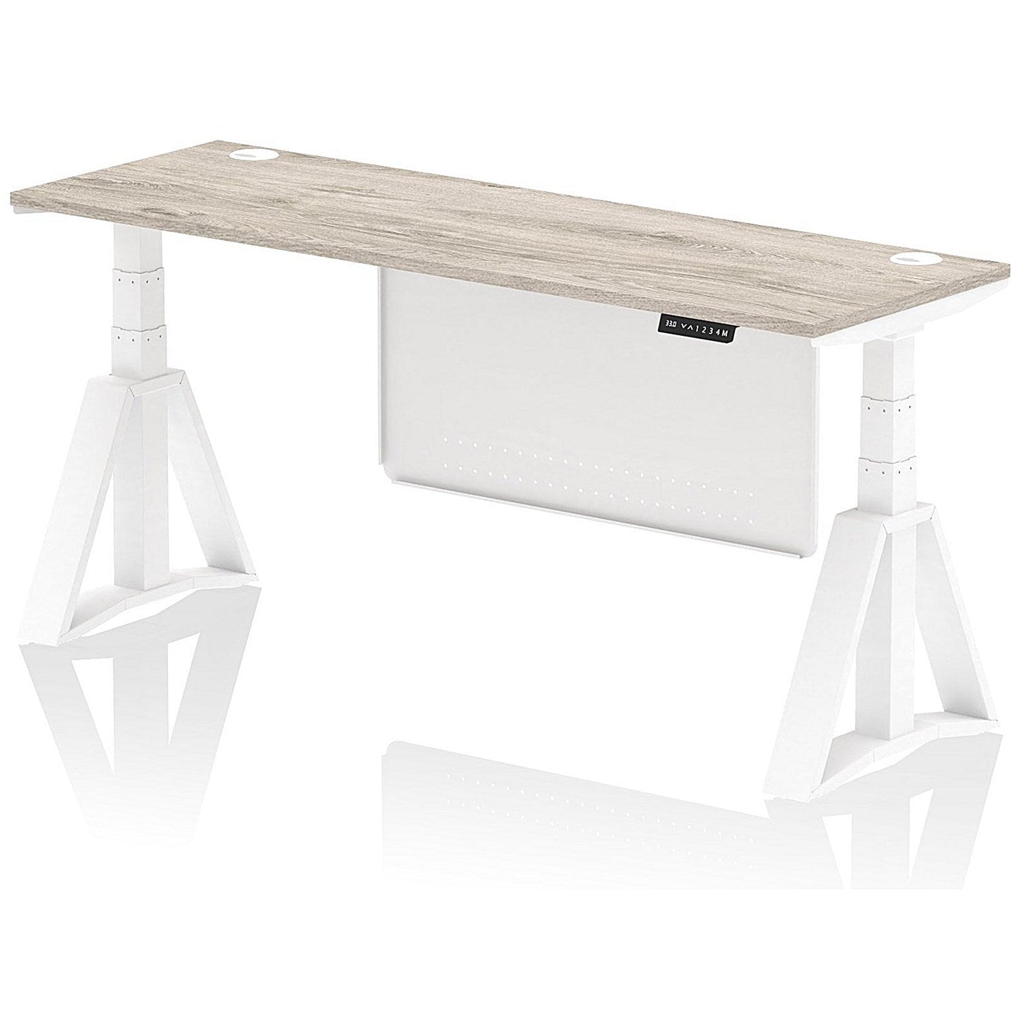 Air Modesty 1800mm Slim Height Adjustable Cable Ports Desk, White Leg and Modesty Panel, Grey Oak Easy2Order : HA03560