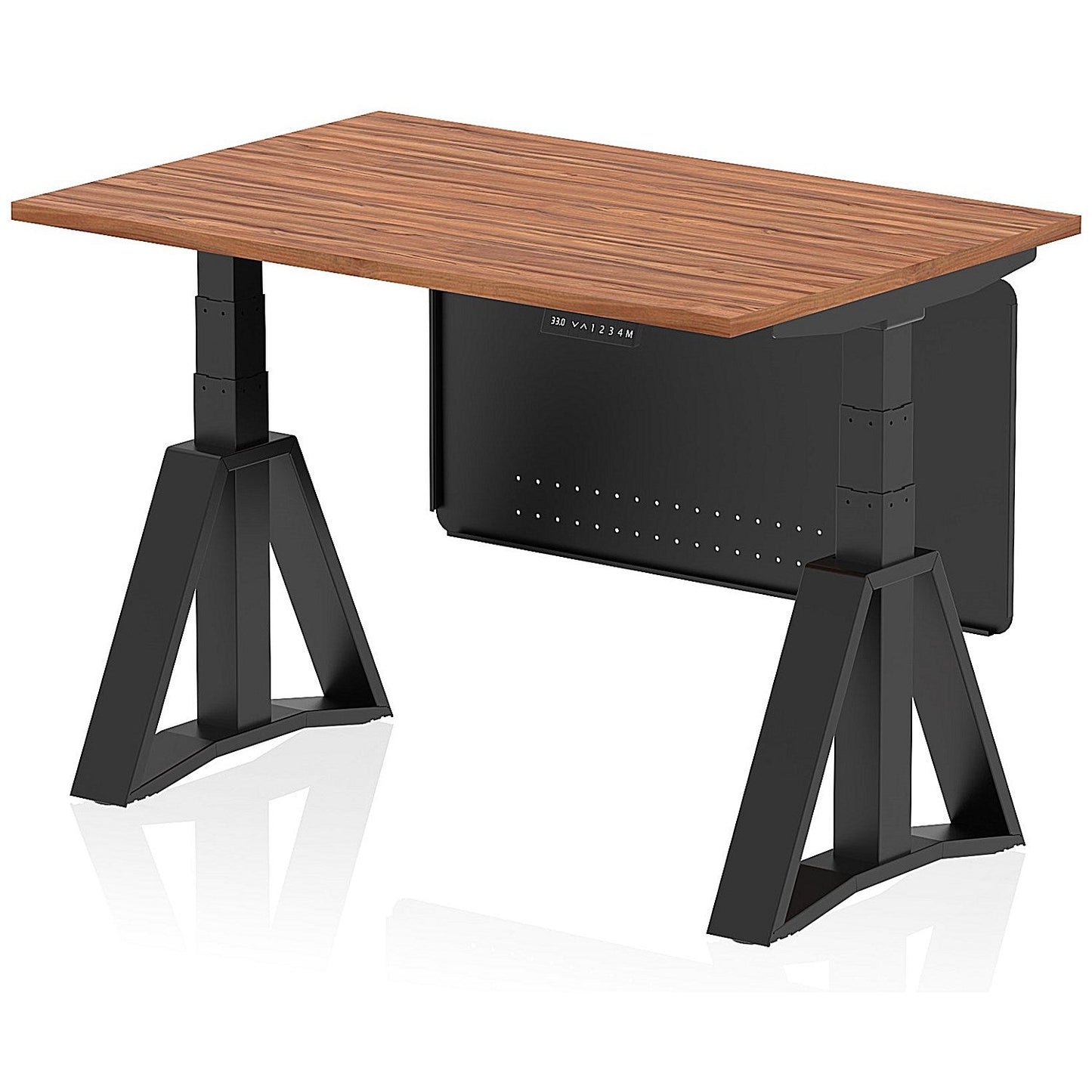 Air Modesty 1200mm Height Adjustable Desk, Black Leg with Piste Foot and Modesty Panel, Walnut Easy2Order : HA03565