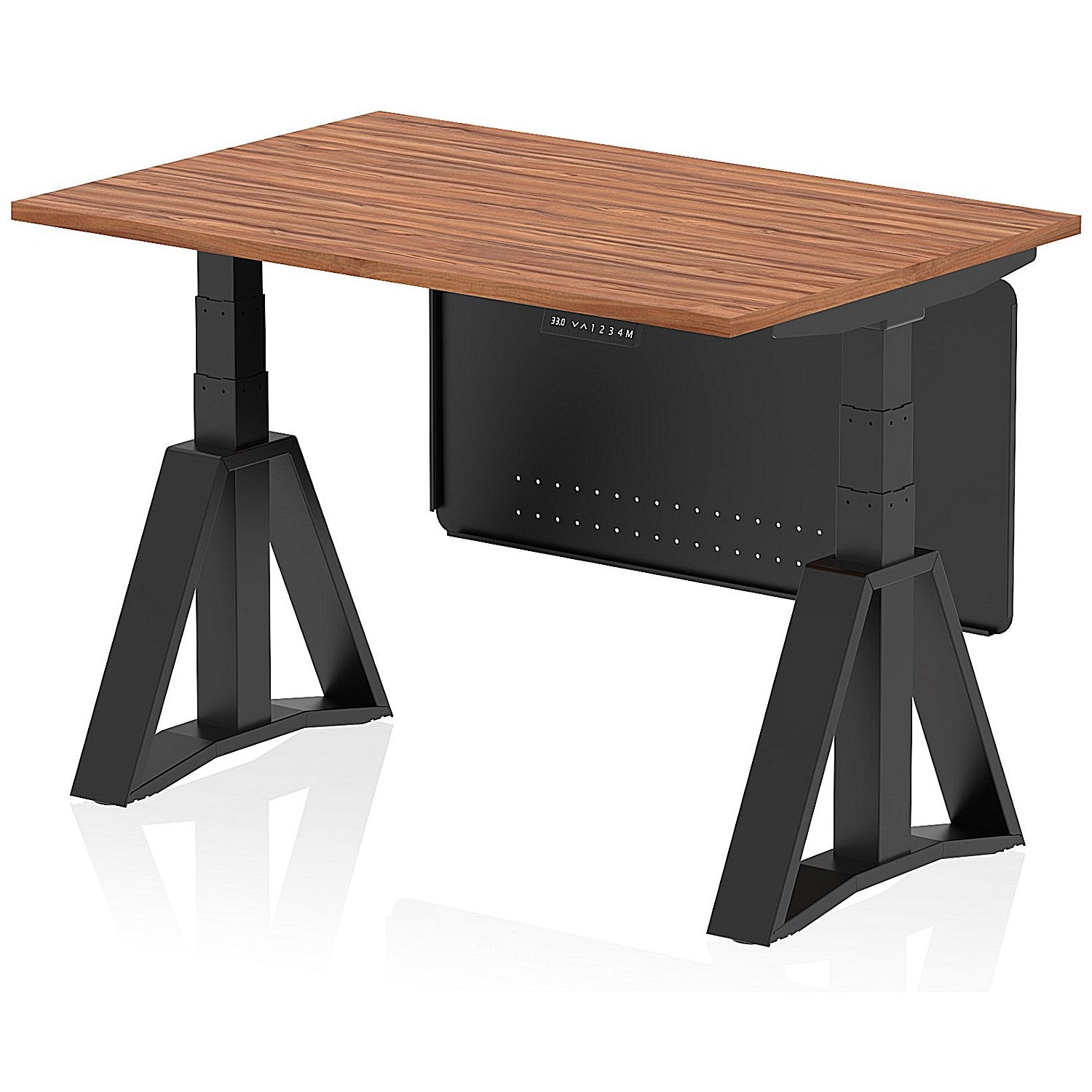 Air Modesty 1200mm Height Adjustable Desk, Black Leg with Piste Foot and Modesty Panel, Walnut Easy2Order : HA03565