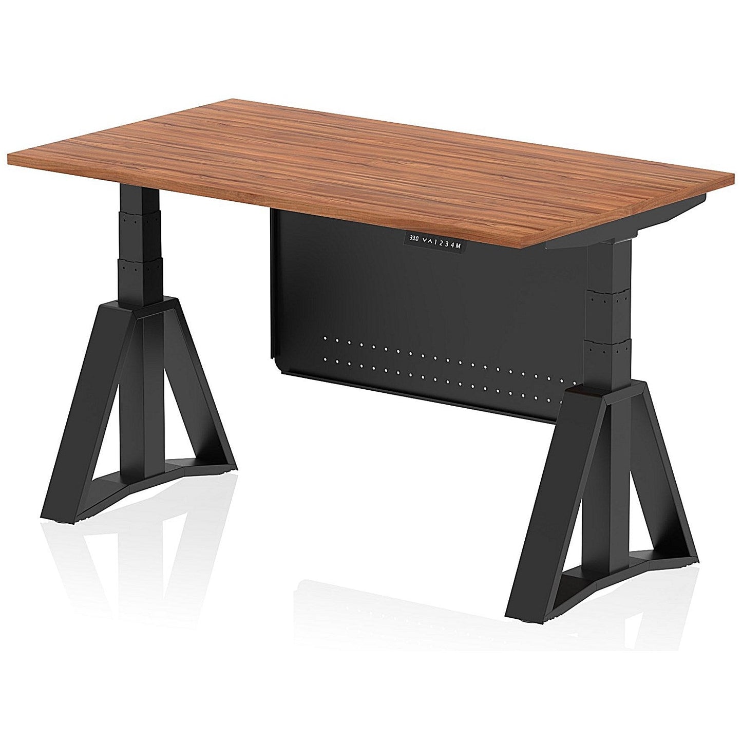 Air Modesty 1400mm Height Adjustable Desk, Black Leg with Piste Foot and Modesty Panel, Walnut Easy2Order : HA03566