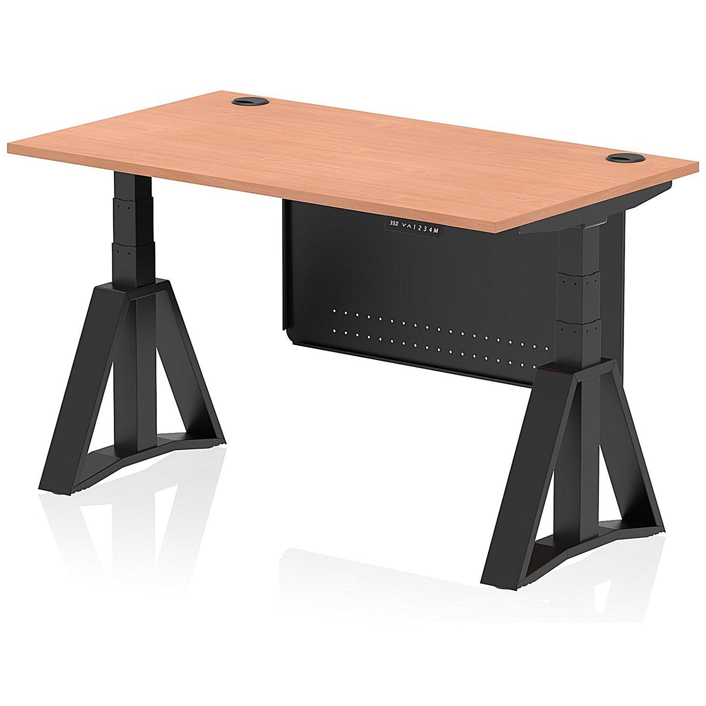 Air Modesty 1400mm Height Adjustable Cable Port Desk, Black Leg with Piste Foot and Modesty Panel, Beech Easy2Order : HA03582