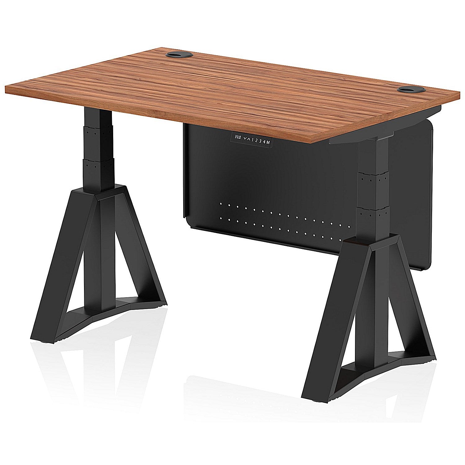 Air Modesty 1200mm Height Adjustable Cable Port Desk, Black Leg with Piste Foot and Modesty Panel, Walnut Easy2Order : HA03585