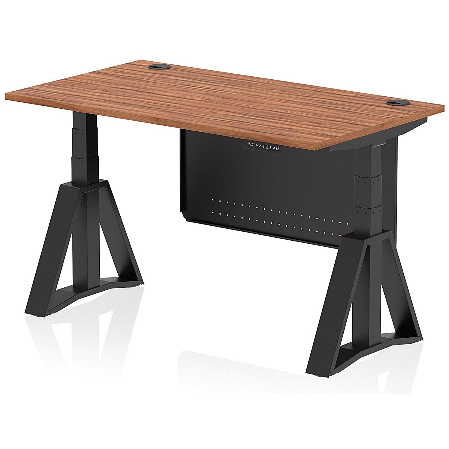 Air Modesty 1400mm Height Adjustable Cable Port Desk, Black Leg with Piste Foot and Modesty Panel, Walnut Easy2Order : HA03586
