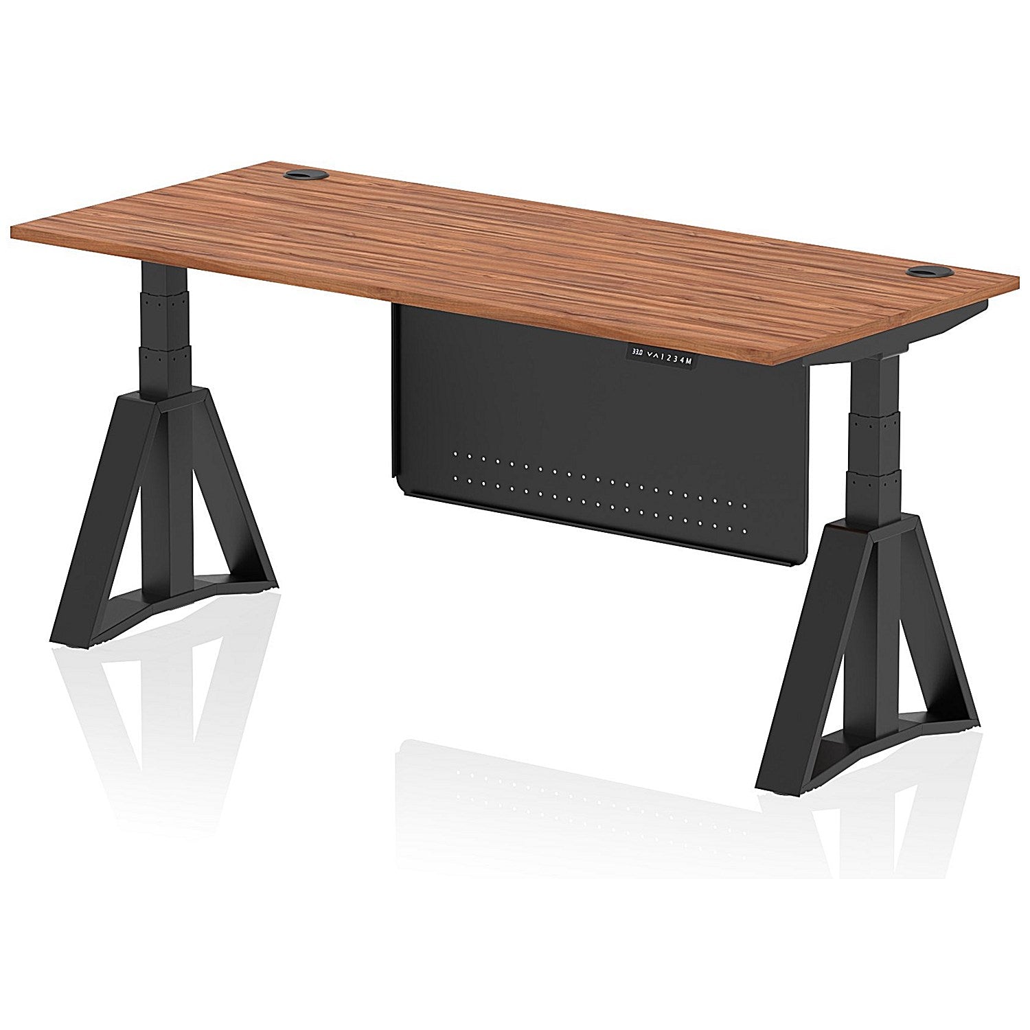 Air Modesty 1800mm Height Adjustable Cable Port Desk, Black Leg with Piste Foot and Modesty Panel, Walnut Easy2Order : HA03588