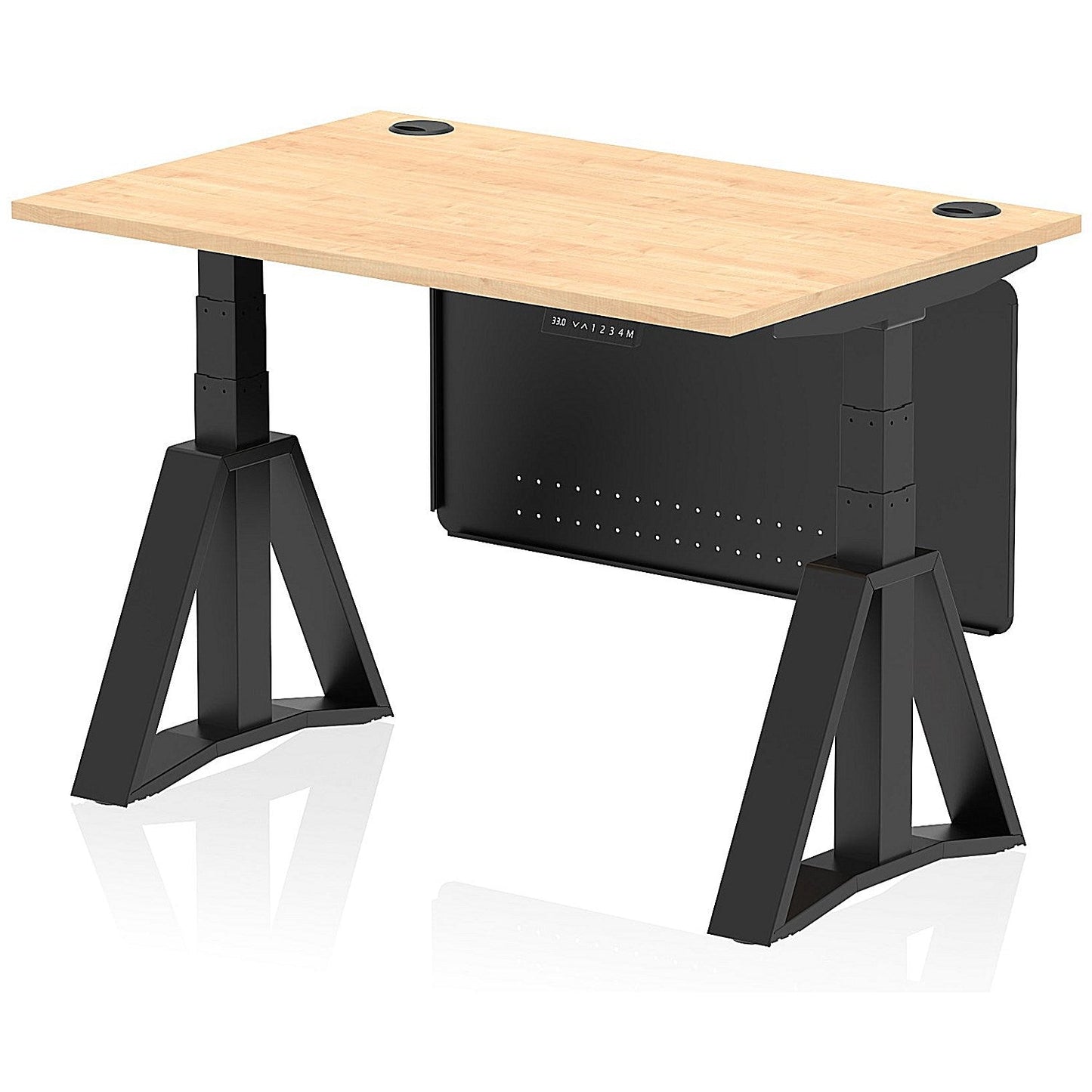 Air Modesty 1200mm Height Adjustable Cable Port Desk, Black Leg with Piste Foot and Modesty Panel, Maple Easy2Order : HA03593