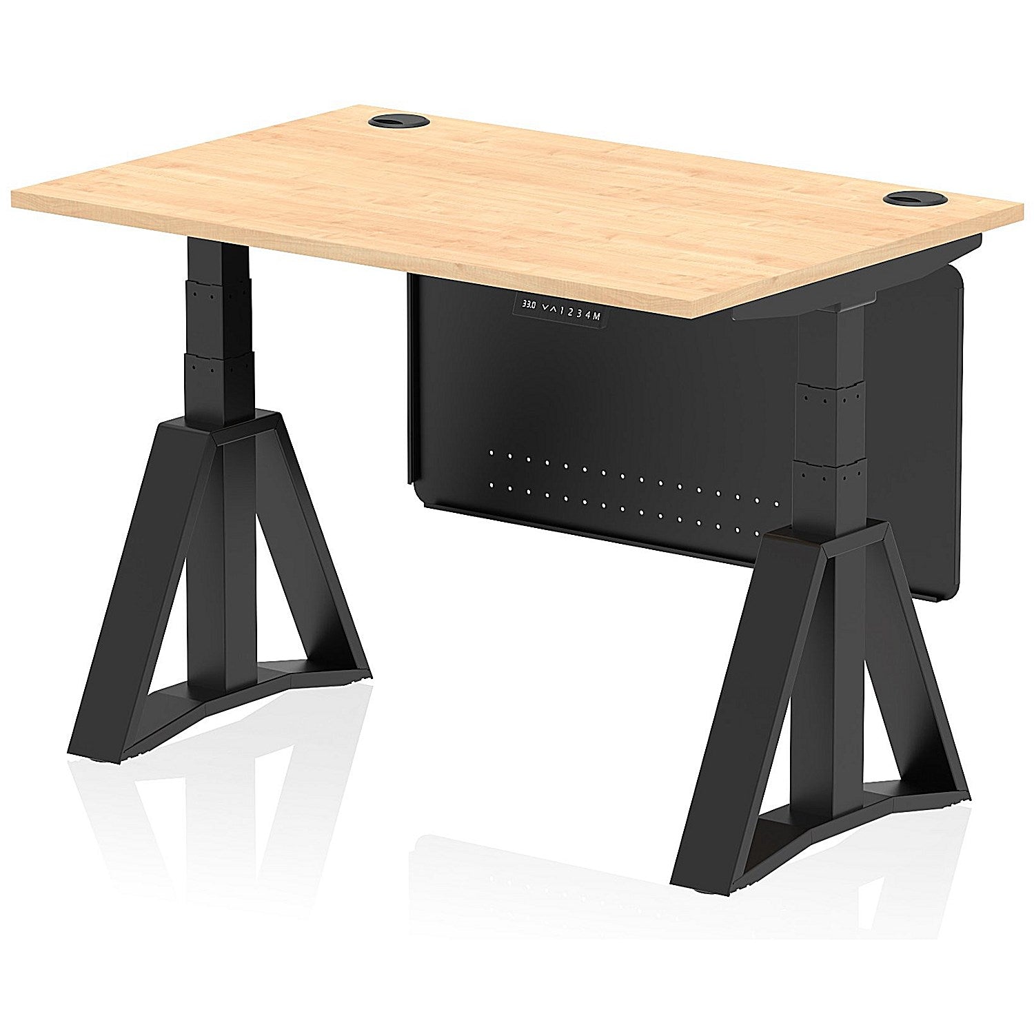 Air Modesty 1200mm Height Adjustable Cable Port Desk, Black Leg with Piste Foot and Modesty Panel, Maple Easy2Order : HA03593