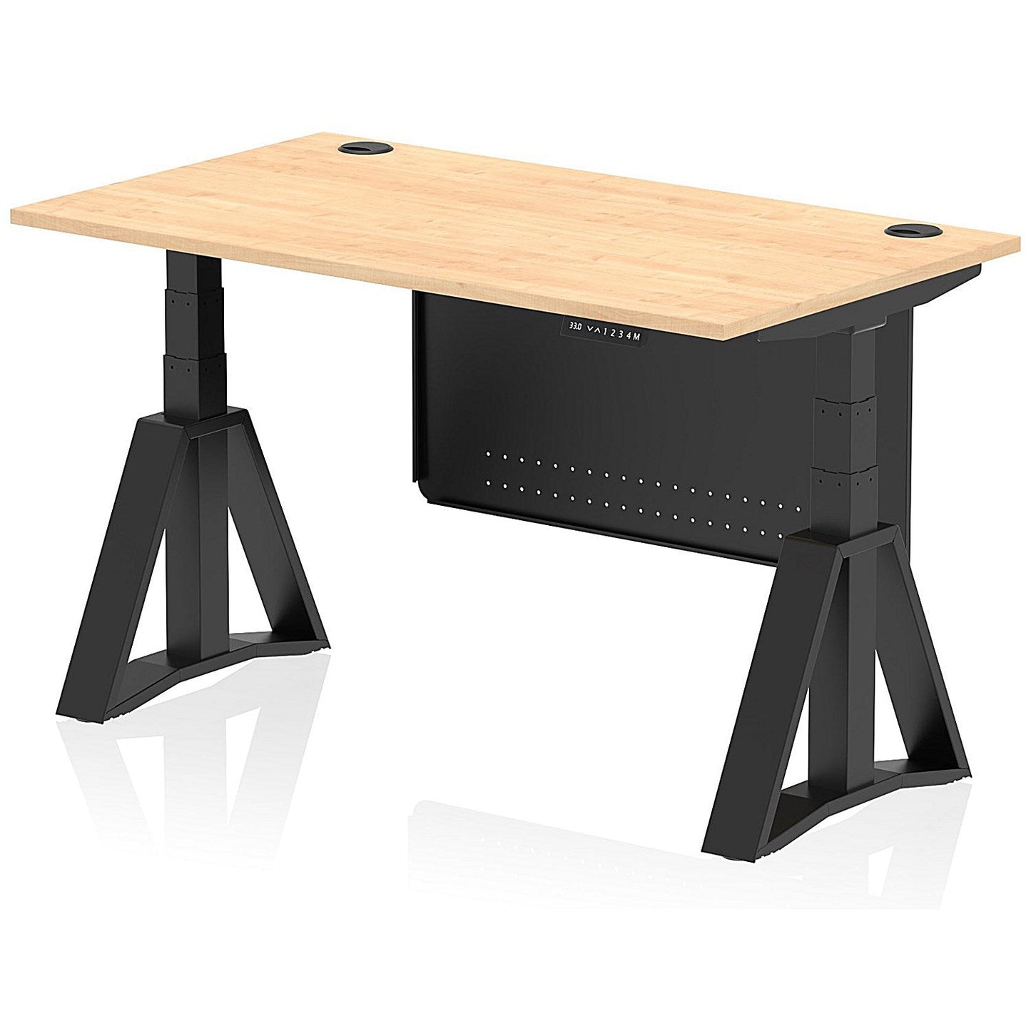 Air Modesty 1400mm Height Adjustable Cable Port Desk, Black Leg with Piste Foot and Modesty Panel, Maple Easy2Order : HA03594