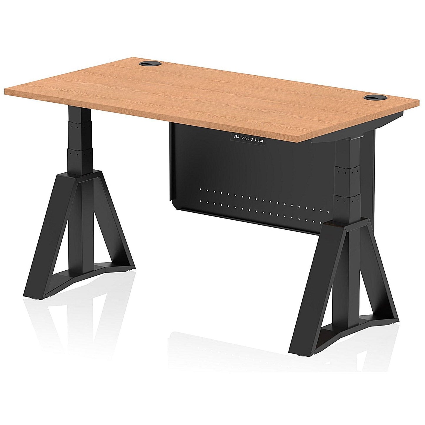 Air Modesty 1400mm Height Adjustable Cable Port Desk, Black Leg with Piste Foot and Modesty Panel, Oak Easy2Order : HA03598