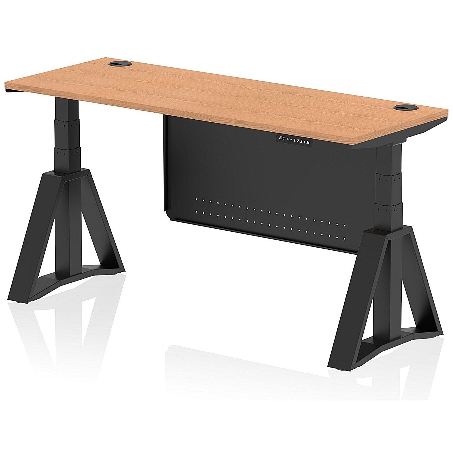 Air Modesty 1600mm Slim Height Adjustable Cable Ports Desk, Black Leg and Modesty Panel, Oak Easy2Order : HA03619