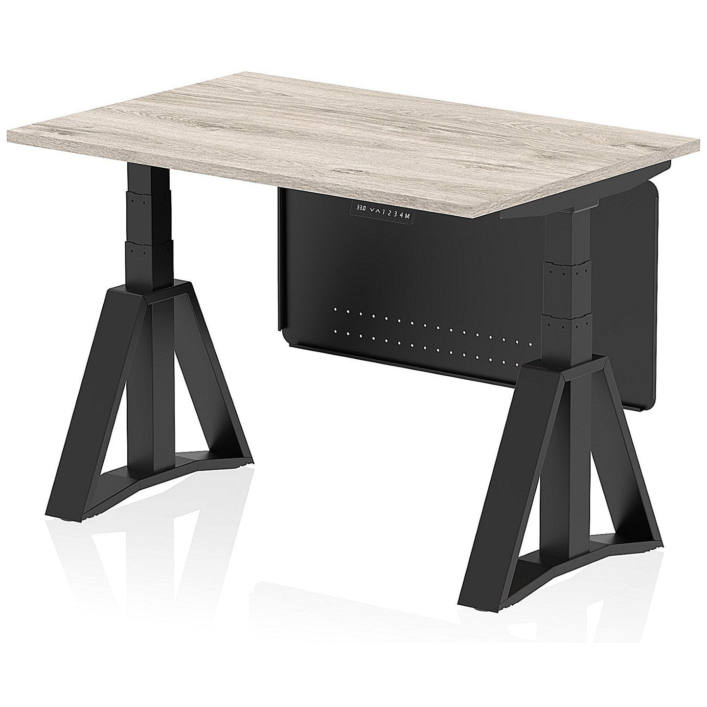 Air Modesty 1200mm Height Adjustable Desk, Black Leg with Piste Foot and Modesty Panel, Grey Oak Easy2Order : HA03621