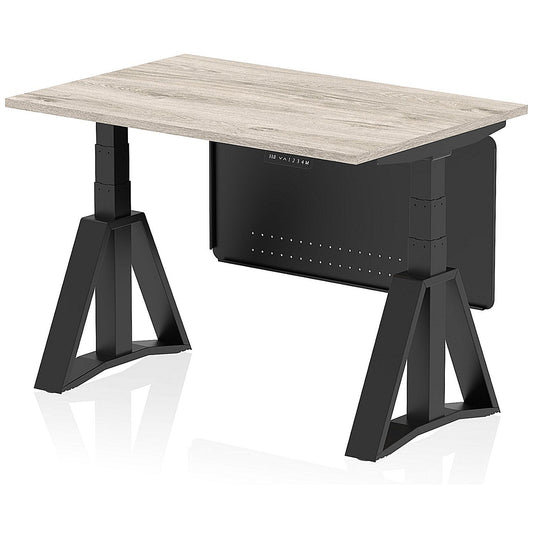 Air Modesty 1200mm Height Adjustable Desk, Black Leg with Piste Foot and Modesty Panel, Grey Oak Easy2Order : HA03621