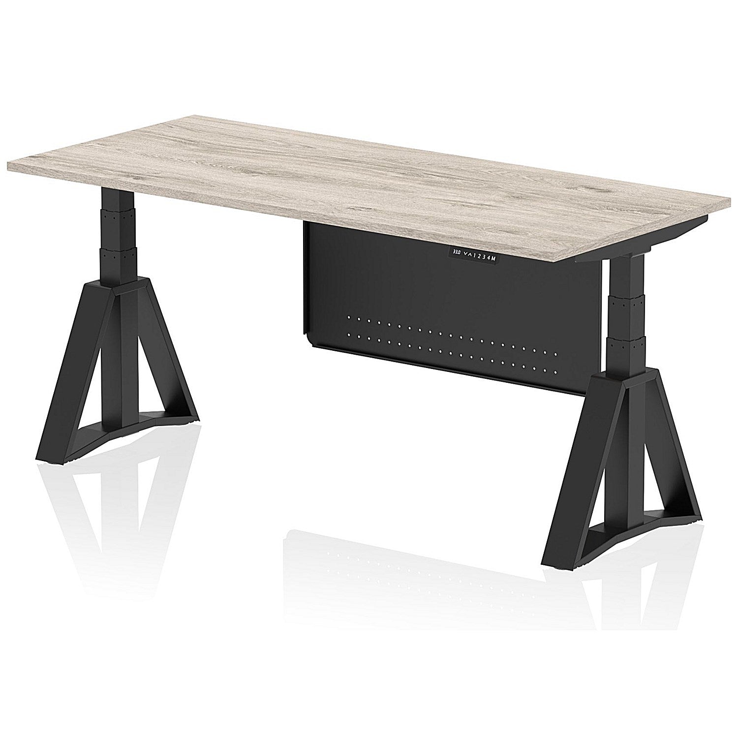 Air Modesty 1800mm Height Adjustable Desk, Black Leg with Piste Foot and Modesty Panel, Grey Oak Easy2Order : HA03624