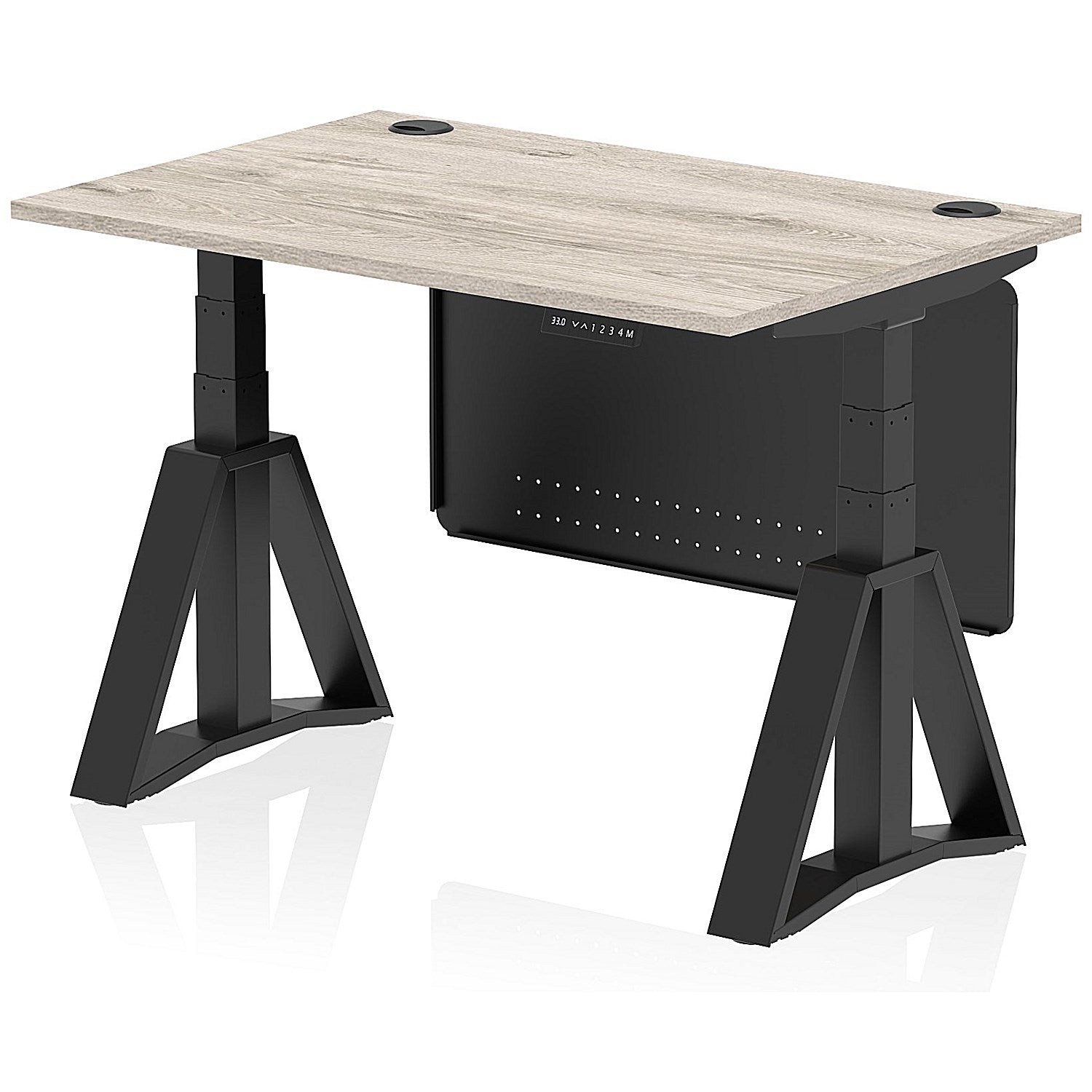 Air Modesty 1200mm Height Adjustable Cable Port Desk, Black Leg with Piste Foot and Modesty Panel, Grey Oak Easy2Order : HA03625