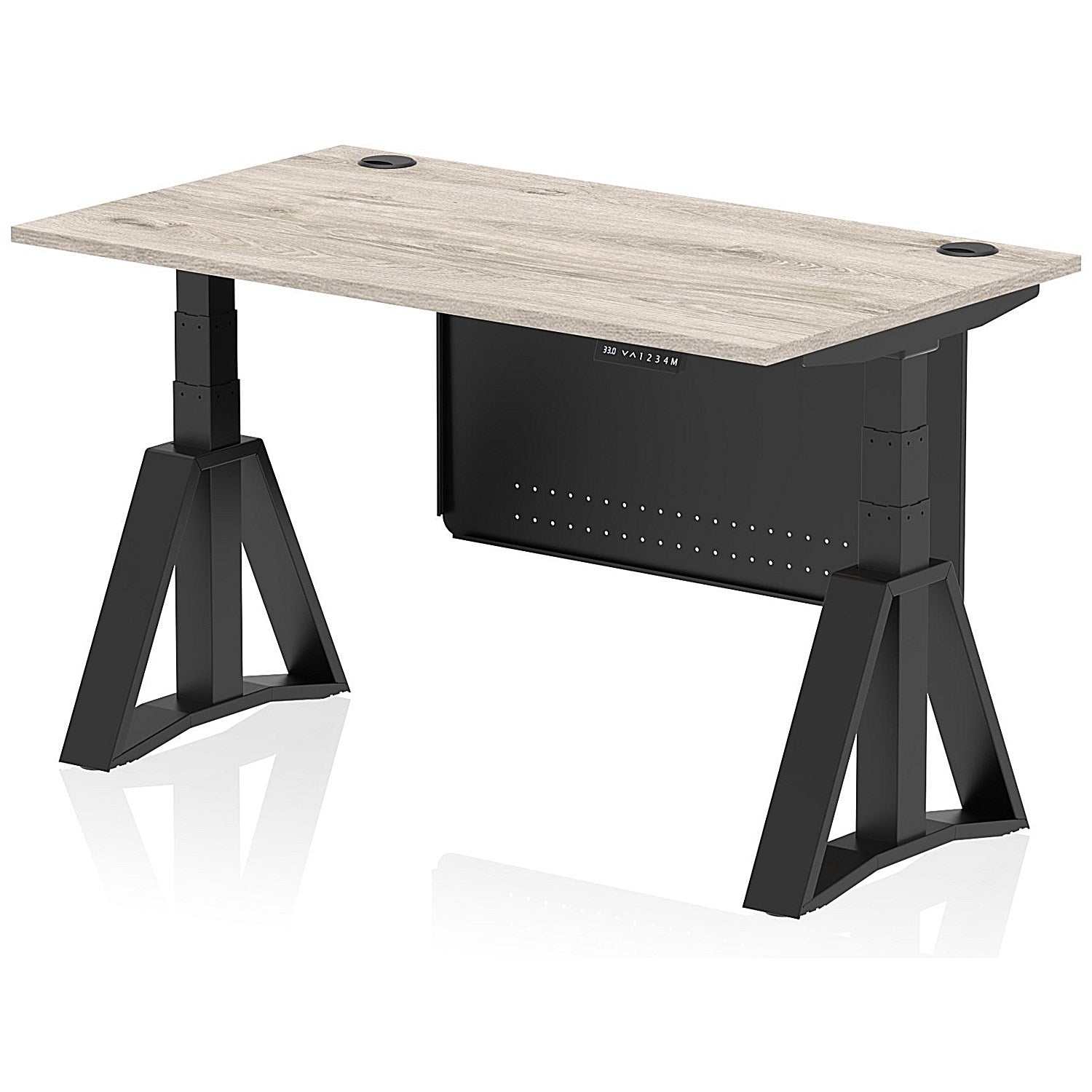 Air Modesty 1400mm Height Adjustable Cable Port Desk, Black Leg with Piste Foot and Modesty Panel, Grey Oak Easy2Order : HA03626