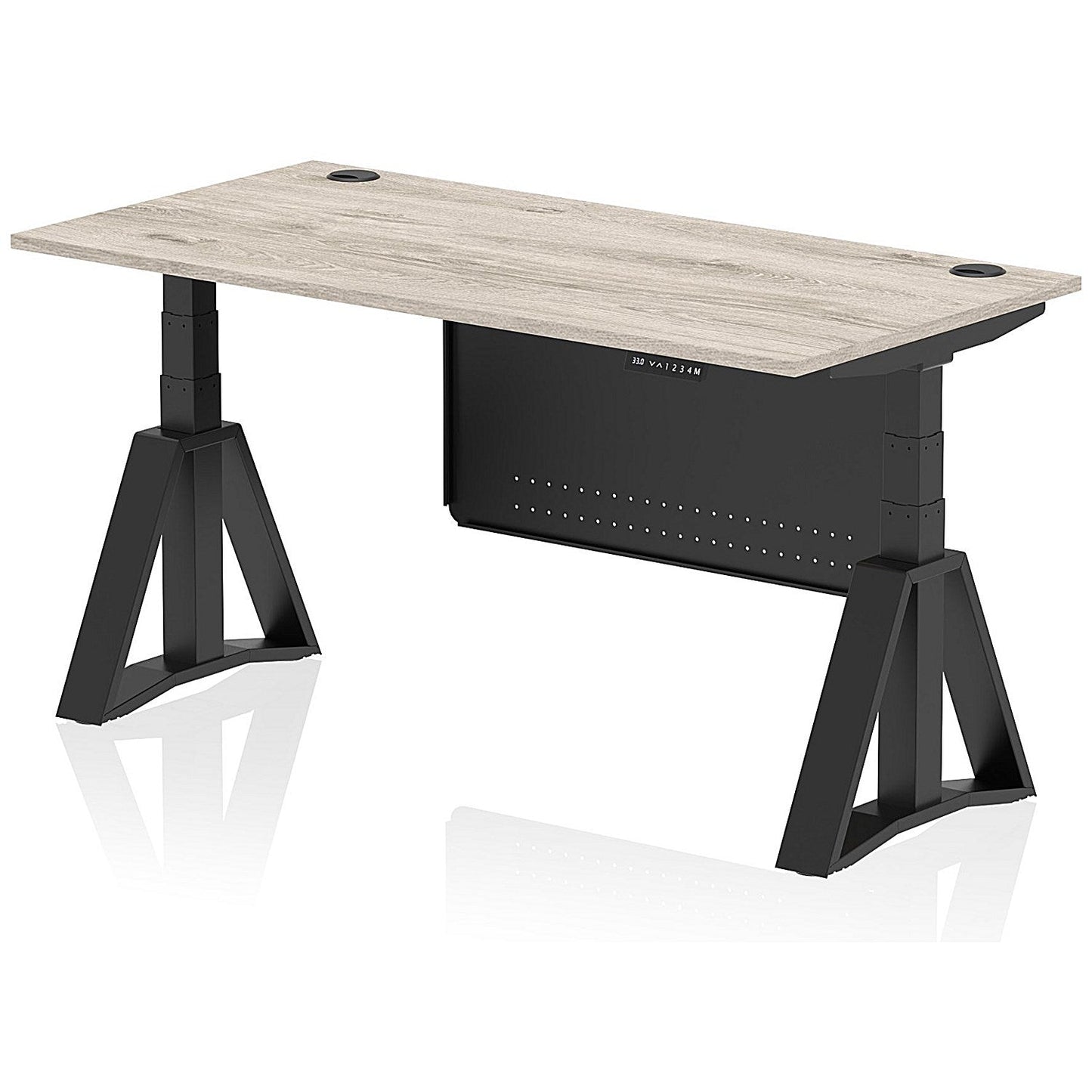 Air Modesty 1600mm Height Adjustable Cable Ports Desk, Black Leg and Modesty Panel, Grey Oak Easy2Order : HA03627
