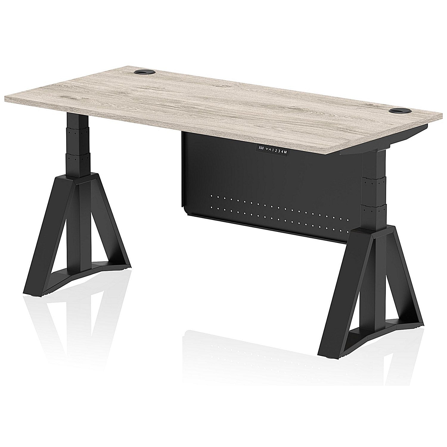 Air Modesty 1600mm Height Adjustable Cable Ports Desk, Black Leg and Modesty Panel, Grey Oak Easy2Order : HA03627
