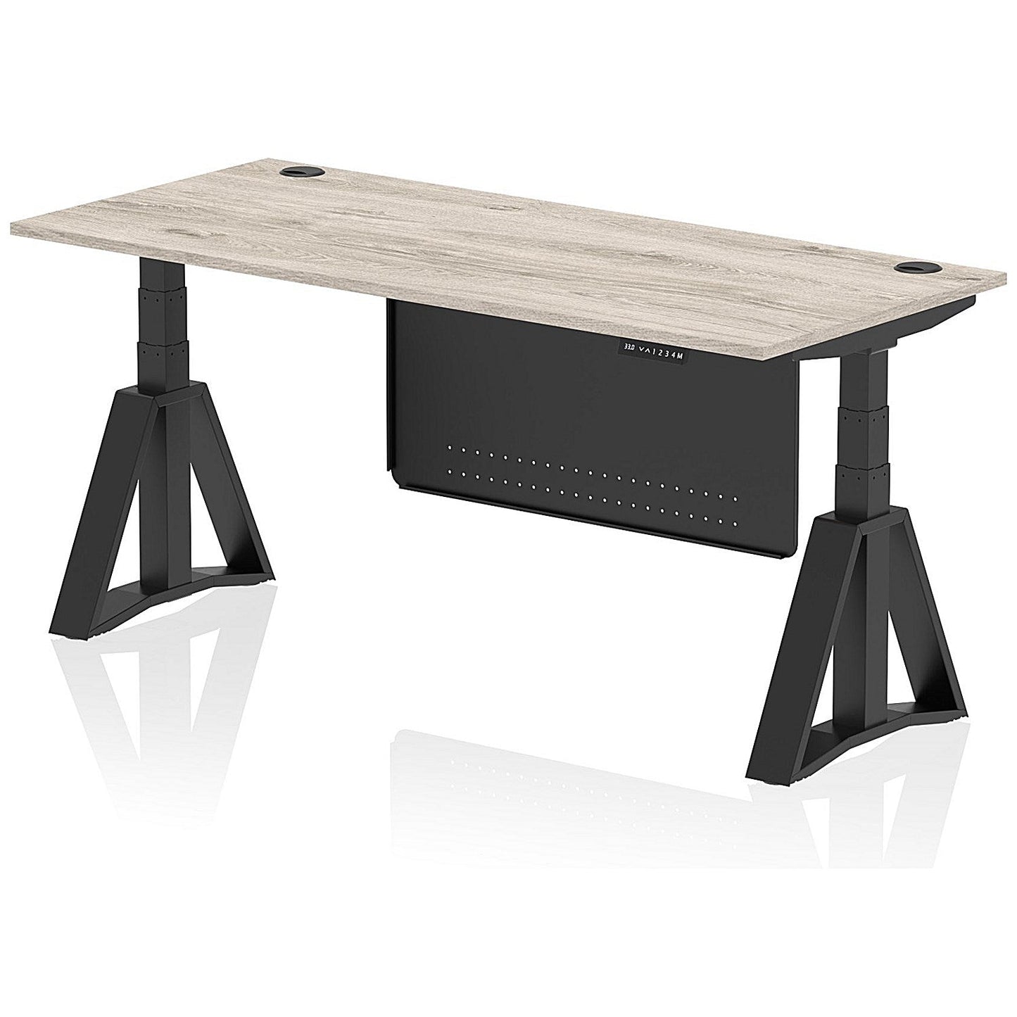 Air Modesty 1800mm Height Adjustable Cable Port Desk, Black Leg with Piste Foot and Modesty Panel, Grey Oak Easy2Order : HA03628