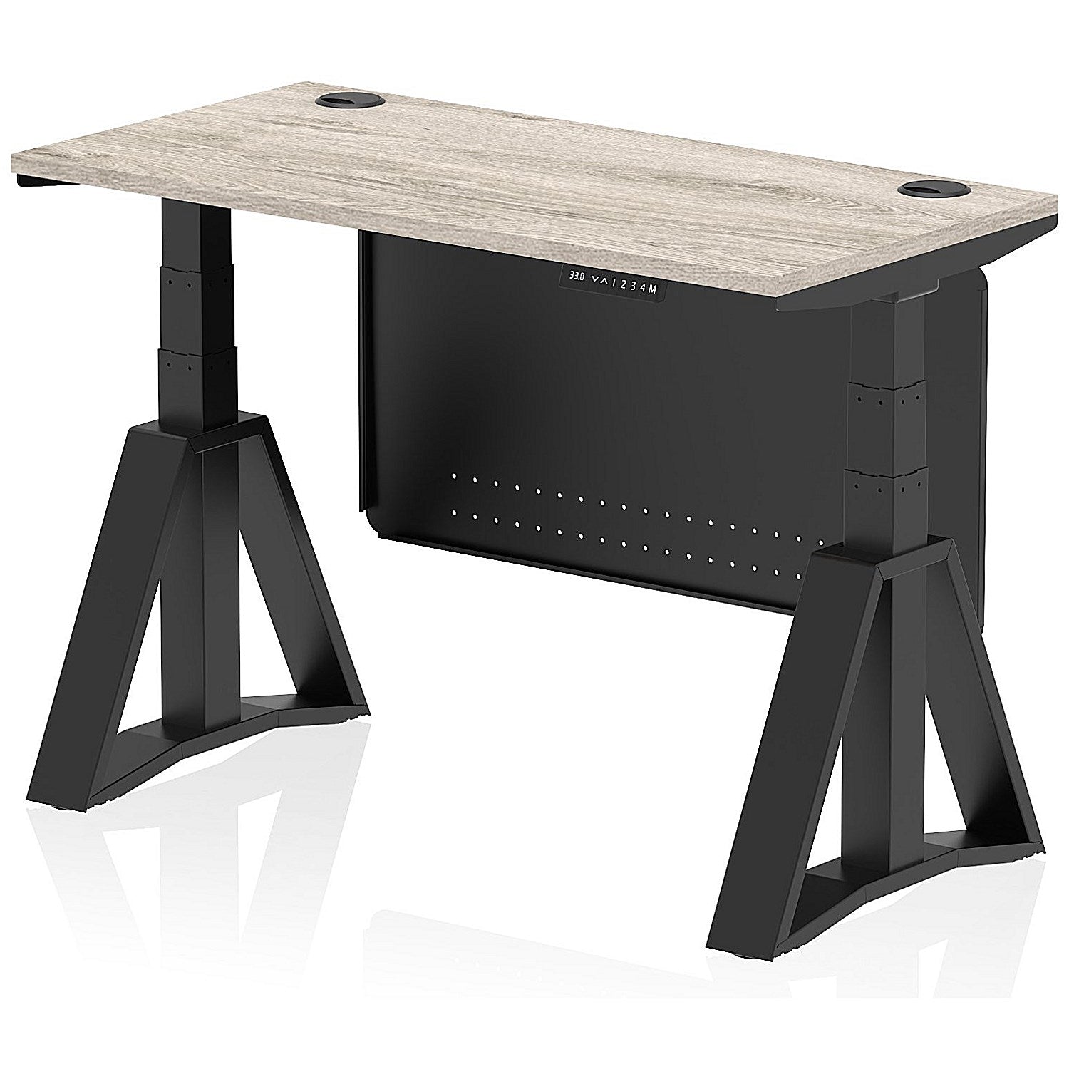 Air Modesty 1200mm Slim Height Adjustable Cable Ports Desk, Black Leg and Modesty Panel, Grey Oak Easy2Order : HA03629
