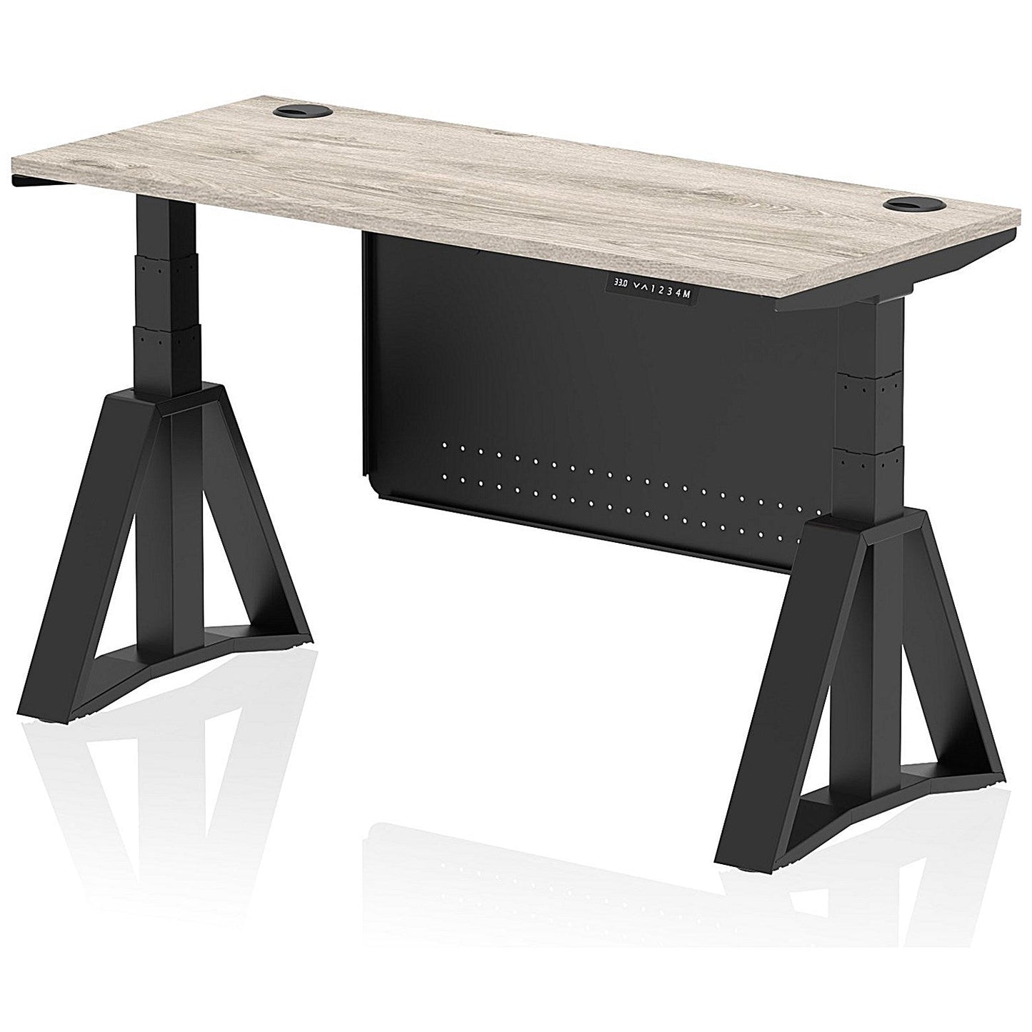 Air Modesty 1400mm Slim Height Adjustable Cable Ports Desk, Black Leg and Modesty Panel, Grey Oak Easy2Order : HA03630