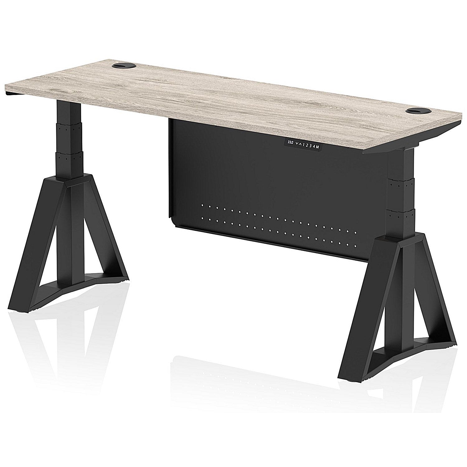 Air Modesty 1600mm Slim Height Adjustable Cable Ports Desk, Black Leg and Modesty Panel, Grey Oak Easy2Order : HA03631