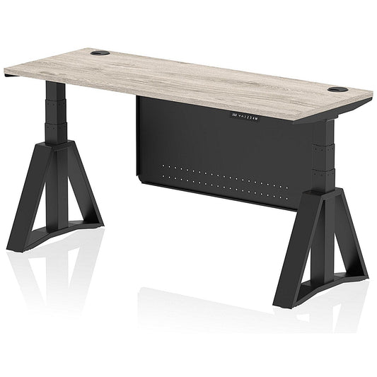 Air Modesty 1600mm Slim Height Adjustable Cable Ports Desk, Black Leg and Modesty Panel, Grey Oak Easy2Order : HA03631
