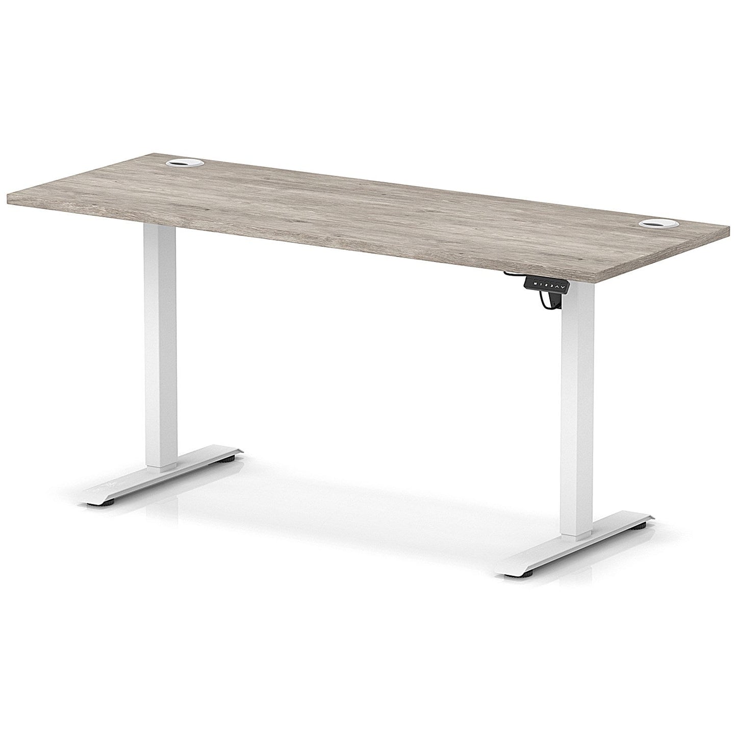 Air Lite 1600mm Slim Height Adjustable Office Desk, White Leg, Grey Oak