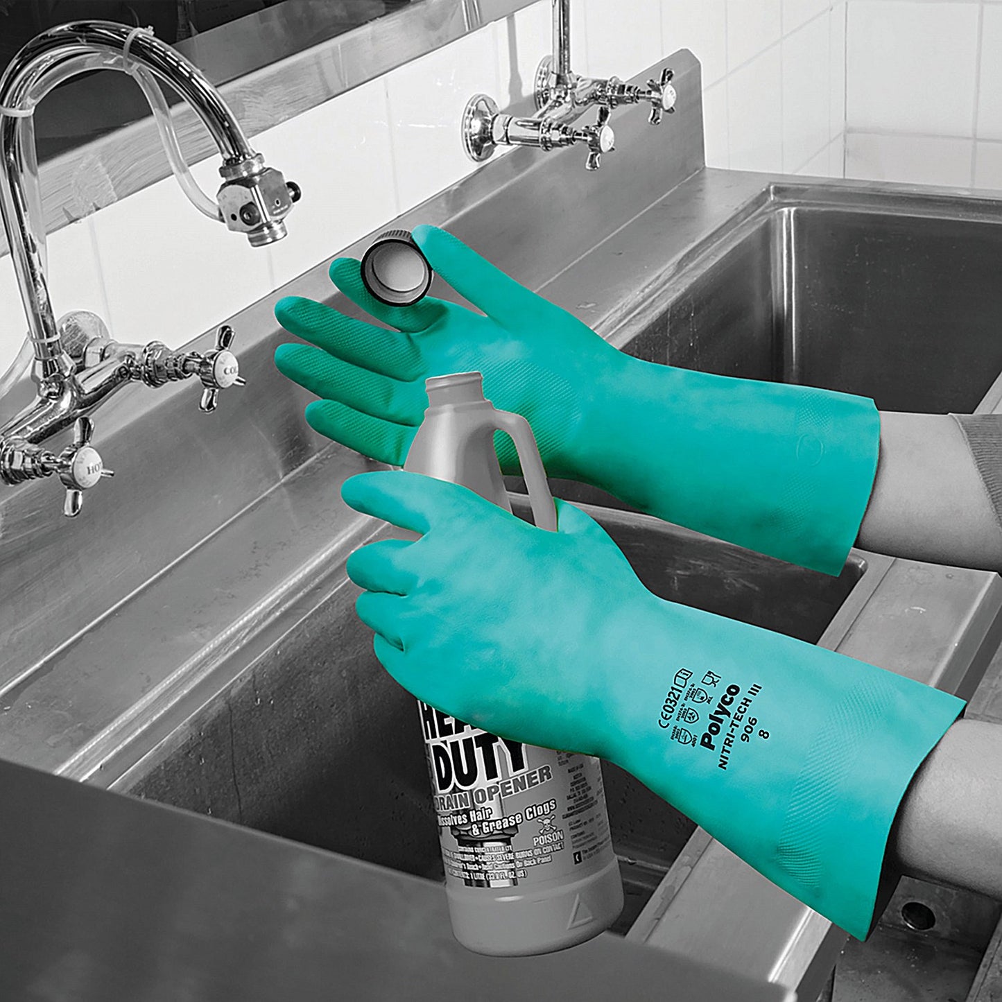 Polyco Nitri-Tech III Flock Lined Nitrile Synthetic Rubber Gloves, Large, Green