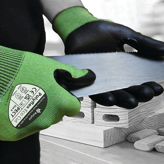 Polyco Polyflex Eco Cut Nitrile Palm Coated Hydrophobic Treated Gloves, Large, Green and Black, Pack of 10
