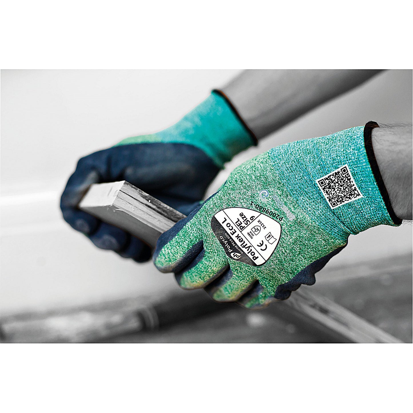 Polyflex Eco Latex Palm Coated Gloves, Large, Green and Blue, Pack of 10