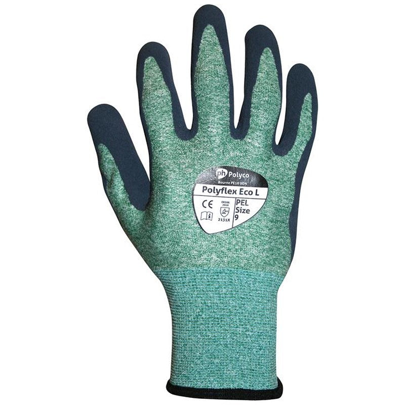 Polyflex Eco Latex Palm Coated Gloves, Large, Green and Blue, Pack of 10
