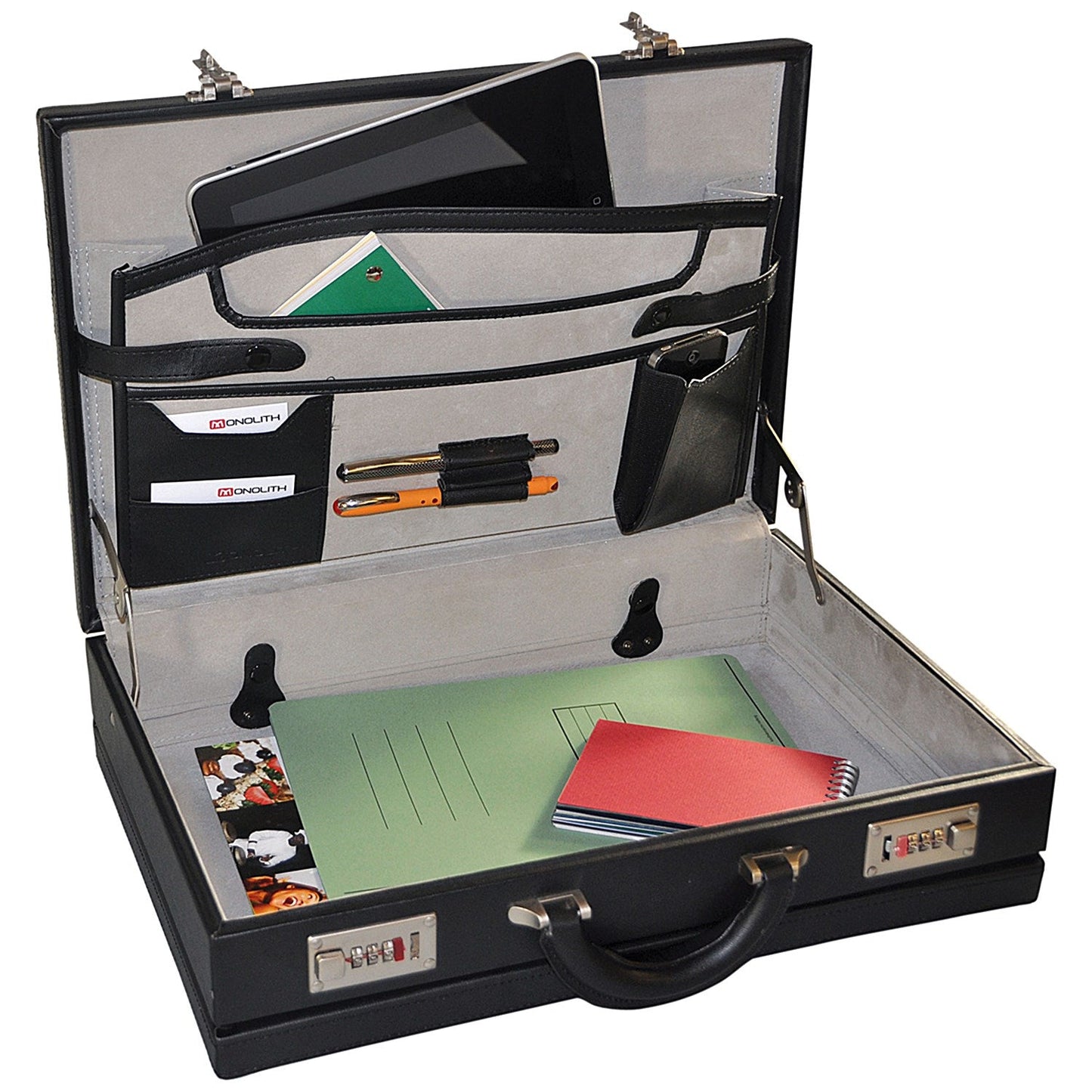 Monolith Leather Look Expandable Brief Case, Black