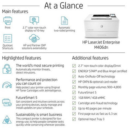 HP LaserJet Enterprise M406dn A4 Mono Laser Printer, White