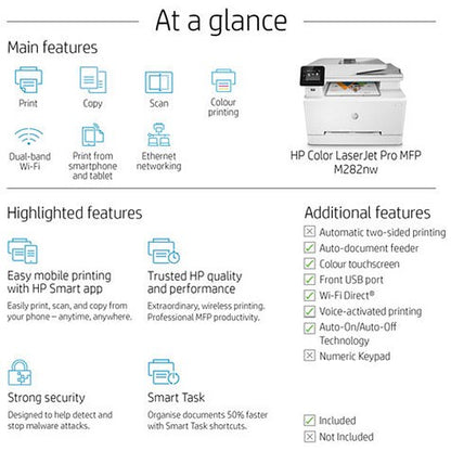HP Color LaserJet Pro M282nw A4 Wireless Multifunctional Colour Printer, White