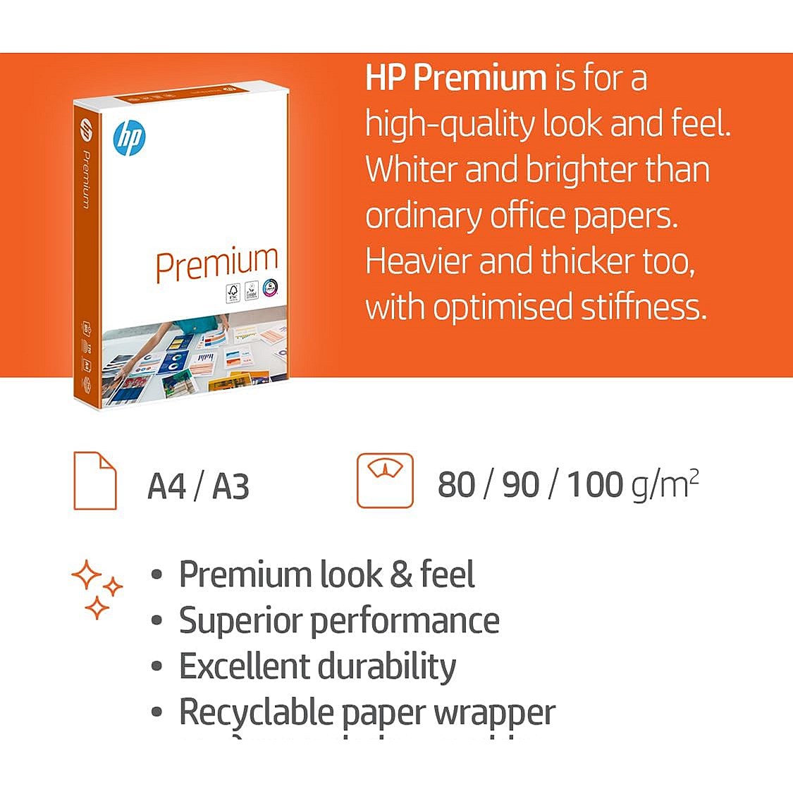 HP A4 Premium Paper, White, 100gsm, Box (4 x 500 Sheets)