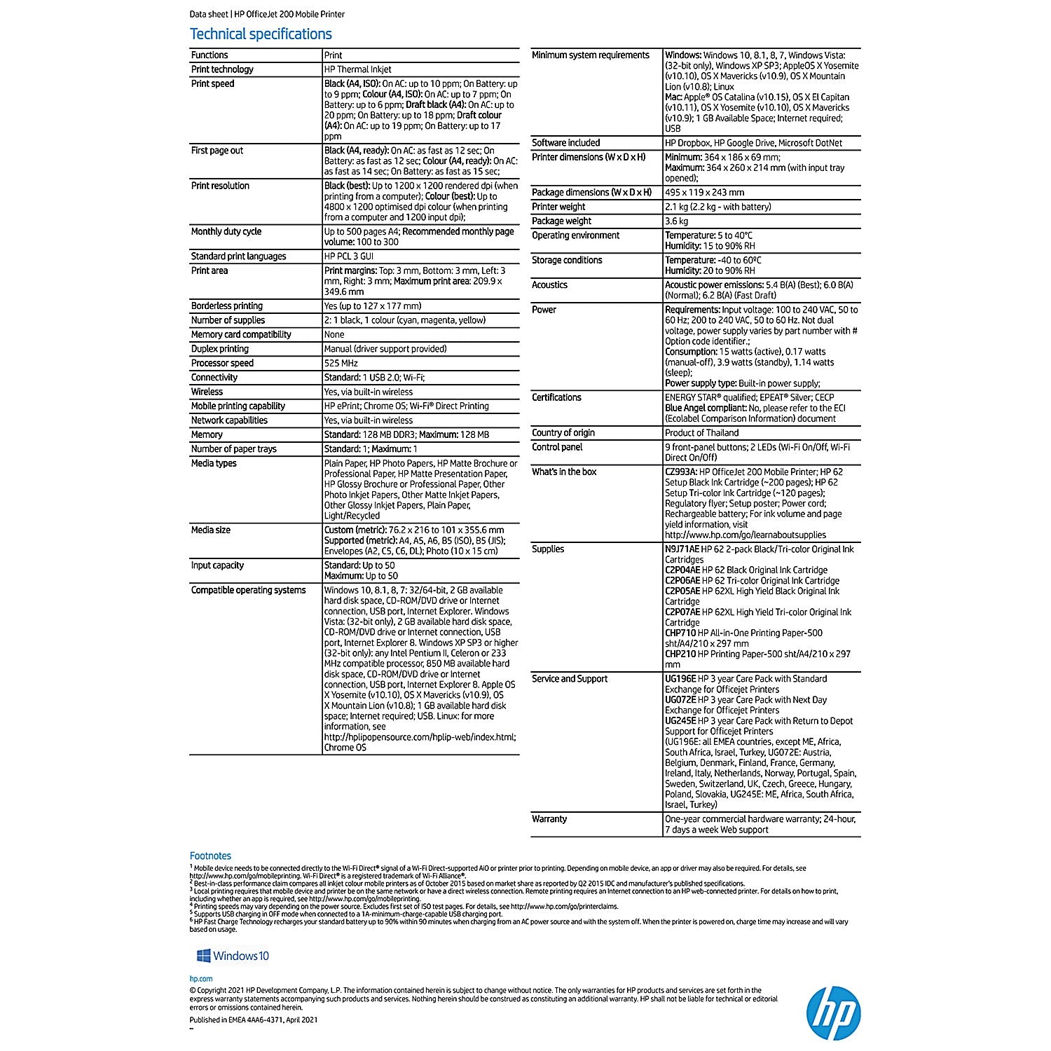 HP OfficeJet 200 Mobile A4 Inkjet Printer Ref CZ993A